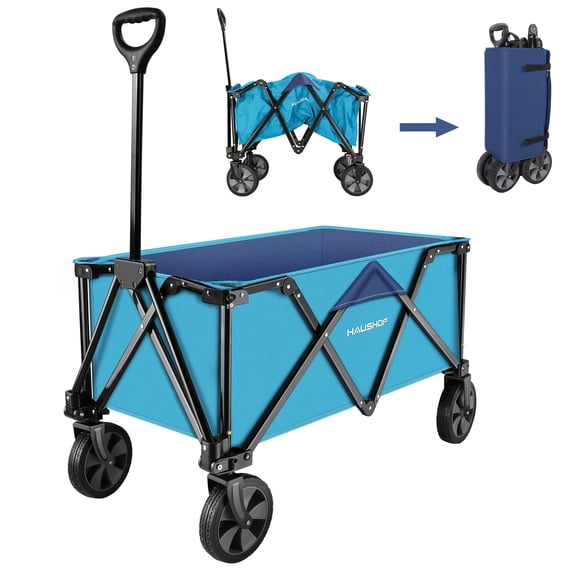 HAUSHOF Folding Utility Wagon, Heavy Duty Collapsible Outdoor Cart with Adjustable Handle, All-Terrain Wheels, 176 lbs Capacity, Blue