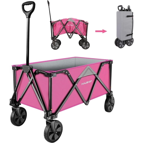 HAUSHOF Heavy Duty Collapsible Wagon, Folding Outdoor Utility Wagon, Camping Garden Beach Cart with Universal Quick Release Wheels, Adjustable Handle, 176 lbs Load Capacity, Pink