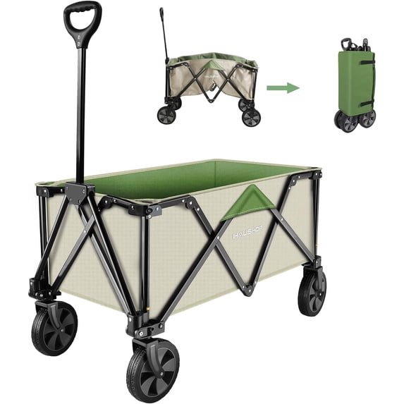 HAUSHOF Heavy Duty Folding Utility Wagon, Collapsible Outdoor Cart with Quick Release Wheels, Adjustable Handle, 2 Cup Holders, 176 lbs Load Capacity, for Camping, Garden, Beach – Green