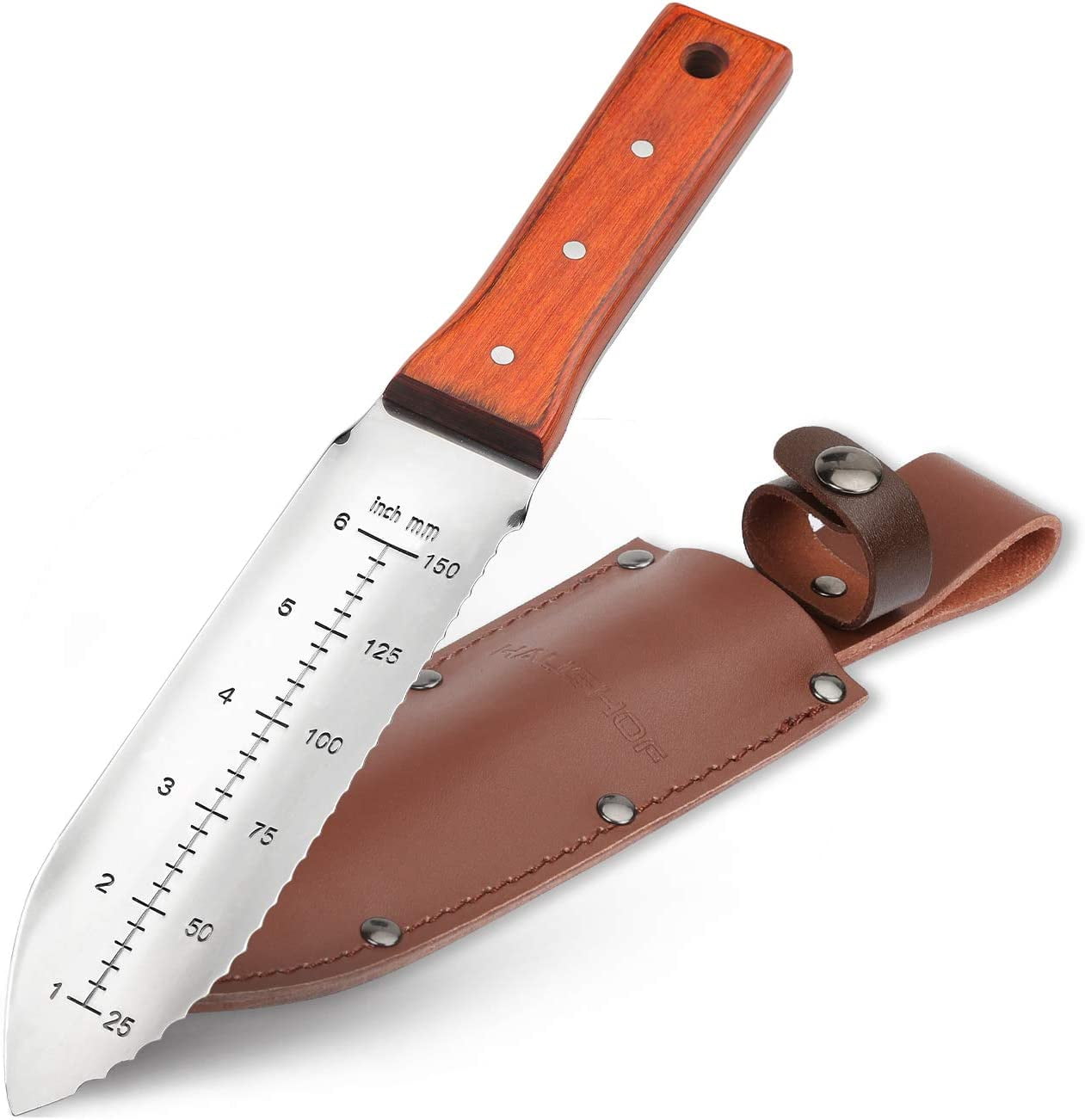 HAUSHOF Hori Hori Garden Knife 7Stainless Steel Serrated Blade with Cutting Edge, Gardening Tool with Leather Sheath for Weeding, Planting, Digging, Wood Handle with Hanging Hole