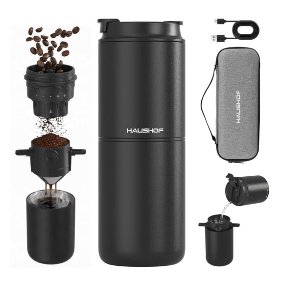 HAUSHOF Portable Coffee Maker, Travel Coffee Maker Battery Operated Small Pour Over Set, Compact Coffee Maker with Electric Grinder & Insulated Mug for Travel, Camping, Car Y101
