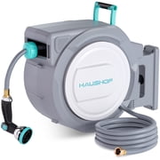 HAUSHOF Retractable Garden Hose Reel 1/2” x 130 ft, Auto-Lock at Any Length, Slow Return System, Wall Mounted and 180° Swivel Bracket for Outside Water