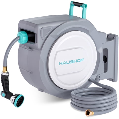 HAUSHOF Retractable Garden Hose Reel 1/2” x 130 ft, Auto-Lock at Any Length, Slow Return System, Wall Mounted and 180° Swivel Bracket for Outside Water