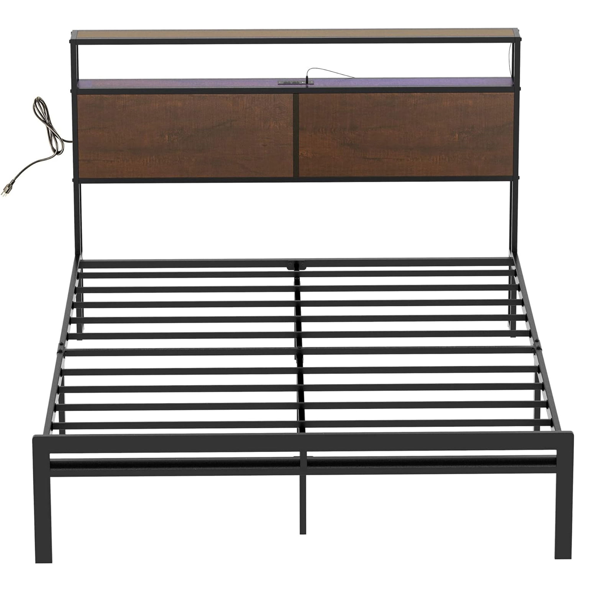 Queen Black Metal Platform Bed with Storage Headboard and MDF Panels