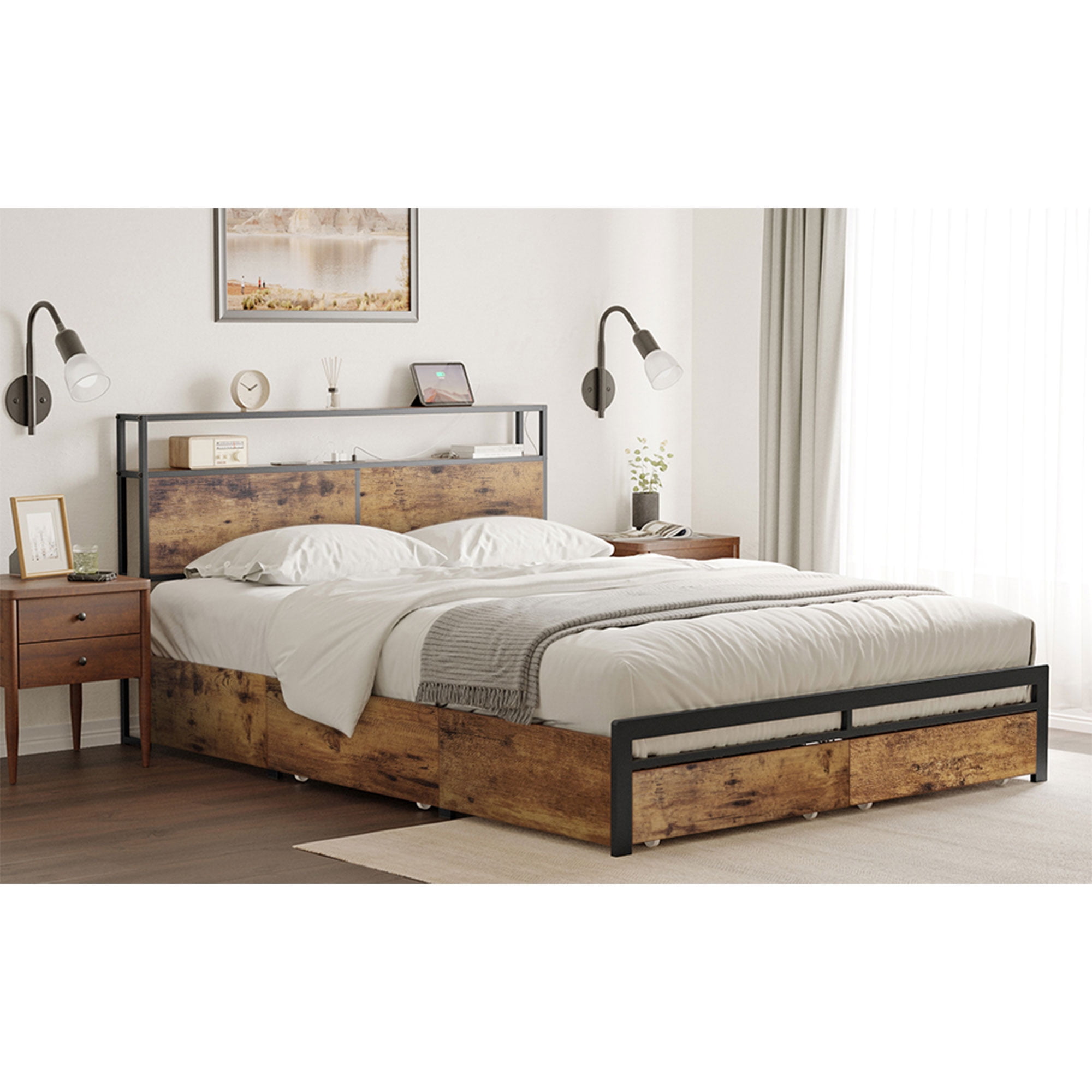 Rustic Brown Queen Metal Platform Bed Frame with Storage Drawers and LED Headboard