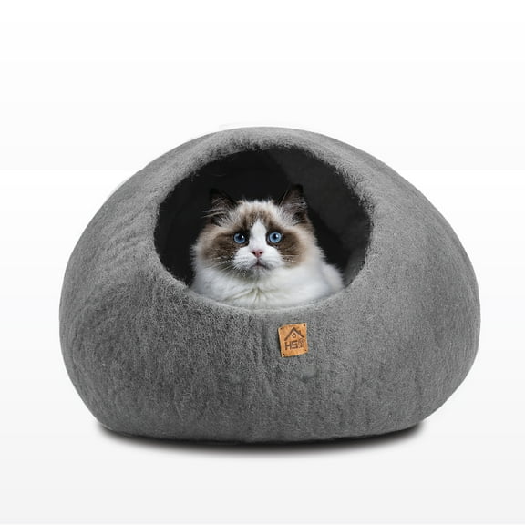 HAUSSIMPLE Wool Cat Cave Bed for Large Cats, Pet Sleeping Bed Natural 100% Merino Wool - Plain Gray