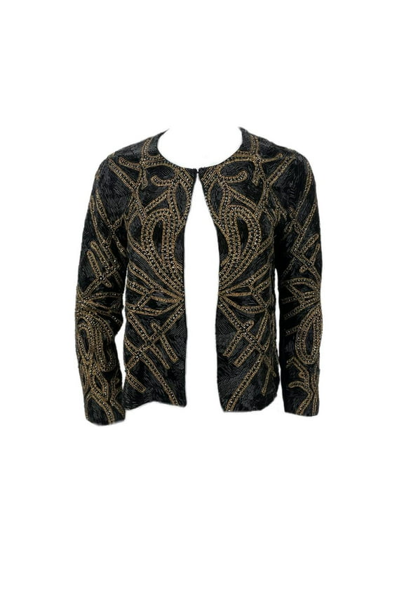 Women's V-Neck Long Sleeve Gold Details Jacket, Black, Medium