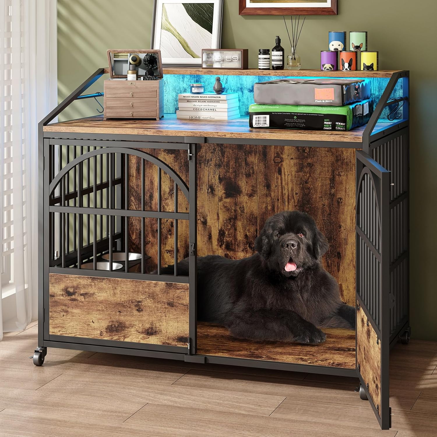 HAUXITIO 44" Heavy-Duty Dog Crate Furniture with 3 Doors, Locking Wheels & LED Light, Wood End Table Kennel for Large Dogs, 44.1"L x 26.8"W x 37.8"H