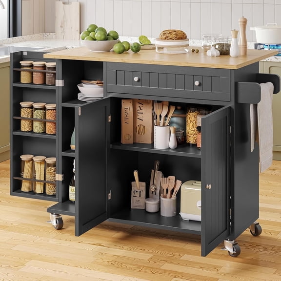 HAUXITIO 41.3" Kitchen Island with Drop Leaf,Towel Rack,Large Capacity Rolling Cart with Spice Rack and Storage,Black