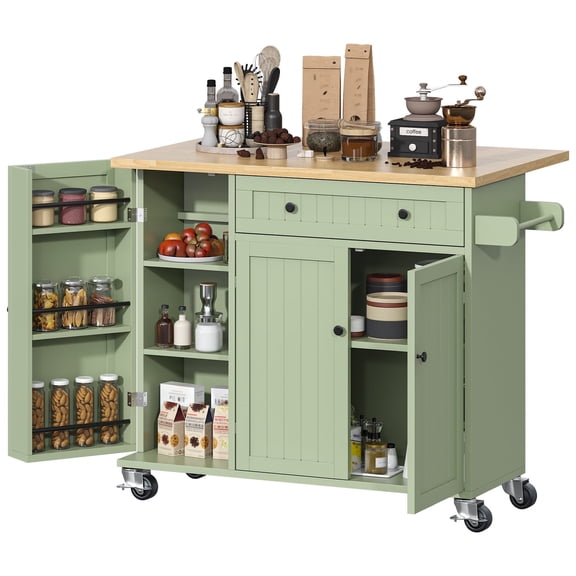 HAUXITIO 41.3" Kitchen Island with Drop Leaf, Rolling Cart with Spice Rack,Drawer and Storage for Kitchen,Green