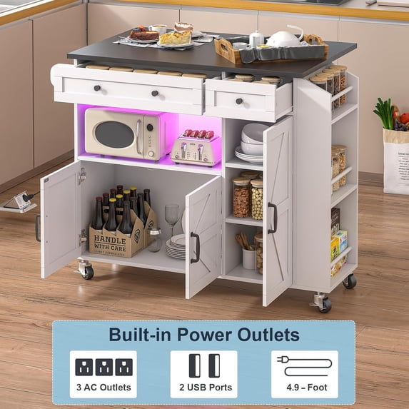 HAUXITIO 39.4" Kitchen Island with Drop Leaf,Power Outlet & LED Lights,Rolling Cart with Spice Rack and Drawer,White