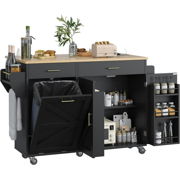 HAUXITIO 51.8" W Kitchen Island Cart with Power Outlet & Drop Leaf,Mobile Cart with Trash Storage, Towel Rack & Spice Rack,Black