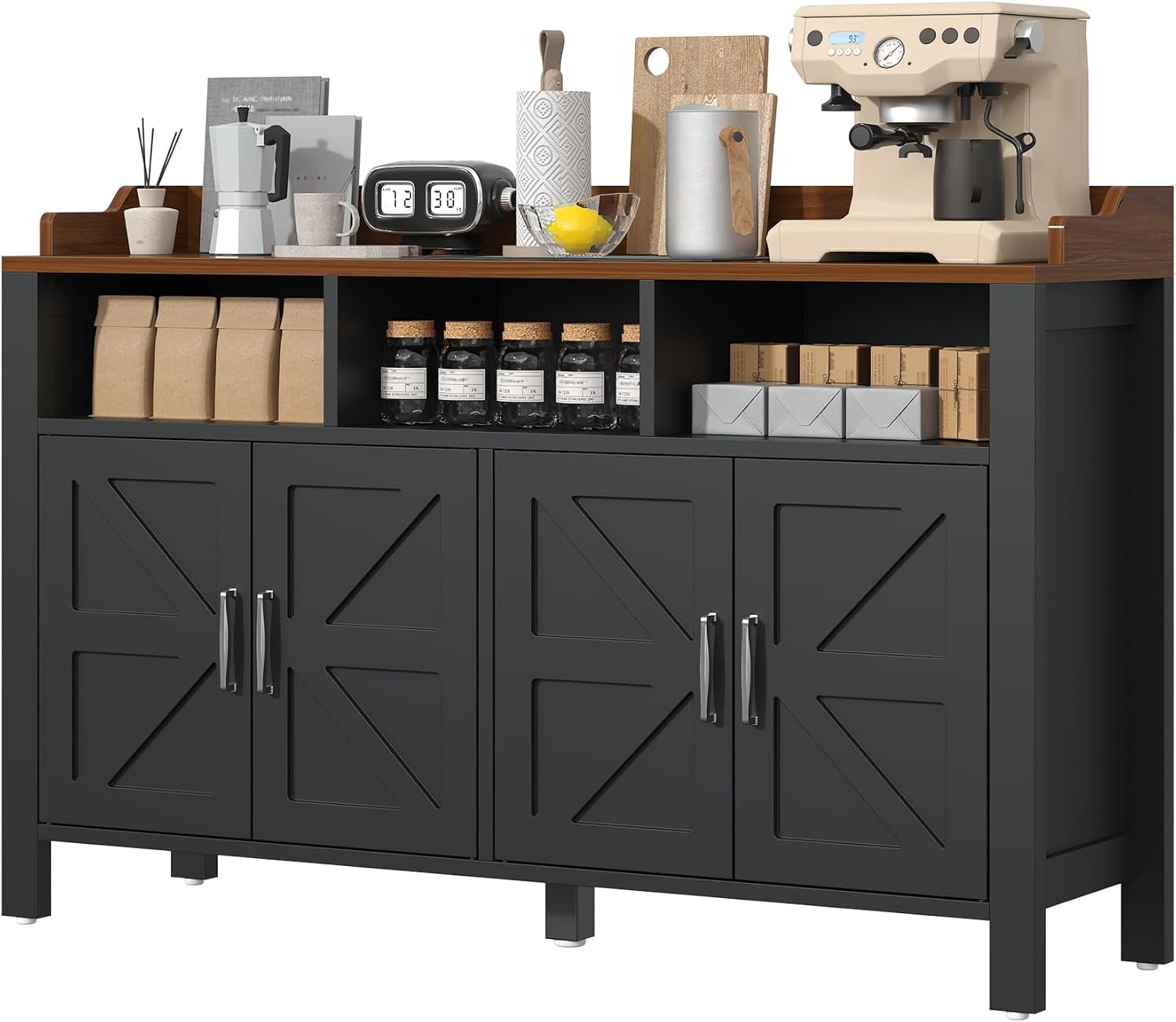 HAUXITIO 55" Farmhouse Buffet Cabinet with 4 Doors & Open Shelves,Kitchen Storage Sideboard for Dining Room & Living Room,Black