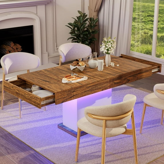 HAUXITIO 55 Inch Dining Table with LED Lights & 2 Drawers,Wooden Pedestal Base Table for 4-6 People,for Kitchen & Dining Room,White& Rustic Brown