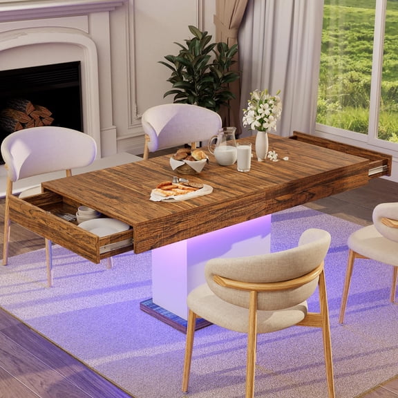 HAUXITIO 55 Inch Dining Table with LED Lights & 2 Drawers,Wooden Pedestal Base Table for 4-6 People,for Kitchen & Dining Room,White& Rustic Brown