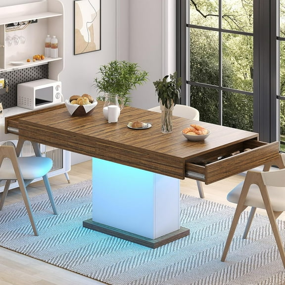 HAUXITIO 55 Inch Dining Table with LED Lights & 2 Drawers,Wooden Pedestal Base Table for 4-6 People,for Kitchen & Dining Room,White& Rustic Brown