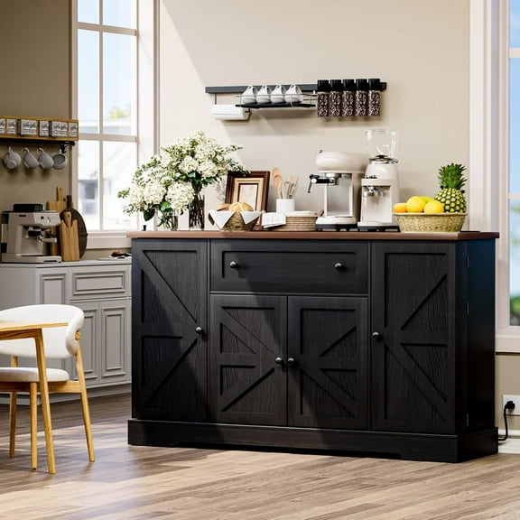 HAUXITIO 55" Kitchen Buffet Cabinet with Charging Station & Drawer,Modern Coffee Bar with Adjustable Shelves & Spice Rack,Black