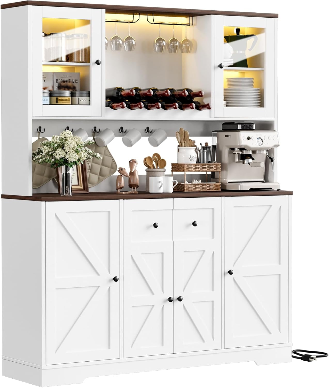 HAUXITIO 55"W Farmhouse Kitchen Pantry with Charging Station & Wine Rack,68" Tall Buffet Cabinet with Large Countertop for Dining Room,White