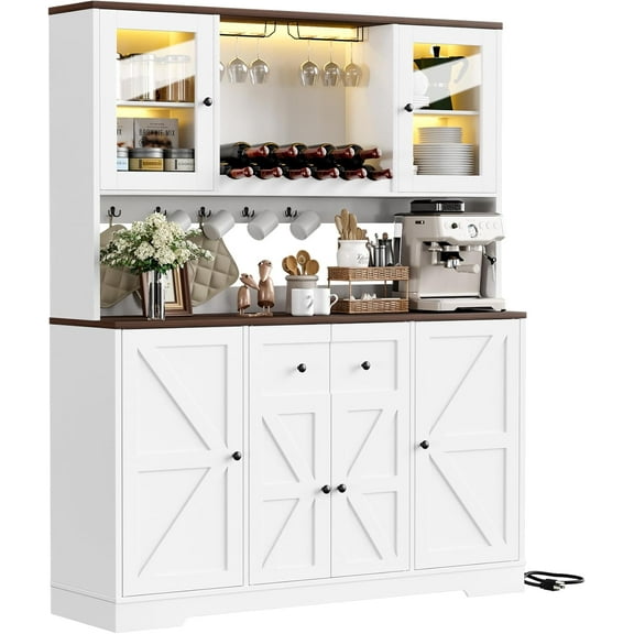 HAUXITIO 55"W Farmhouse Kitchen Pantry with Charging Station & Wine Rack,68" Tall Buffet Cabinet with Large Countertop for Dining Room,White