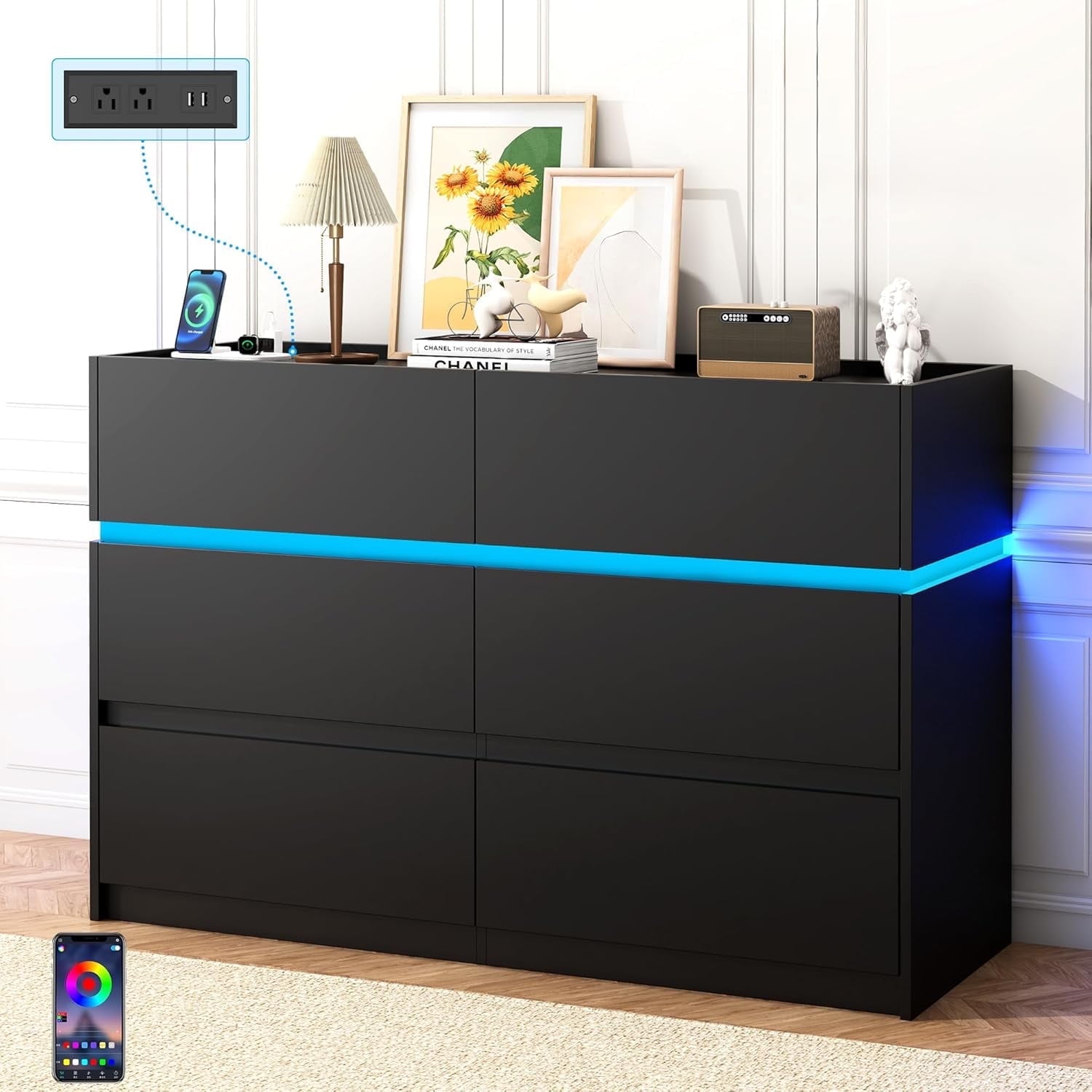 HAUXITIO 6 Drawer Dresser Chest with Charging Station and LED Lights for Bedroom, Modern TV Stand Cabinet, Black