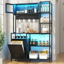 HAUXITIO 6-Tier Bakery Racks with Power Outlet and LED Light,Kitchen Microwave Stand with Storage Cabinet,Kitchen Tilt Out Trash Cabinet,15.8" D x 42.5" W x 67.8" H,Black