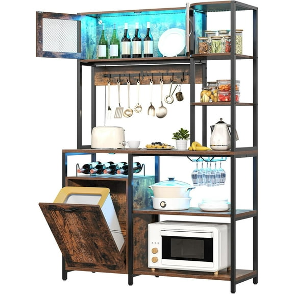 HAUXITIO 6-Tier Bakery Racks with Power Outlet and LED Light,Kitchen Microwave Stand with Storage Cabinet,Kitchen Tilt Out Trash Cabinet,15.8" D x 42.5" W x 67.8" H,Brown