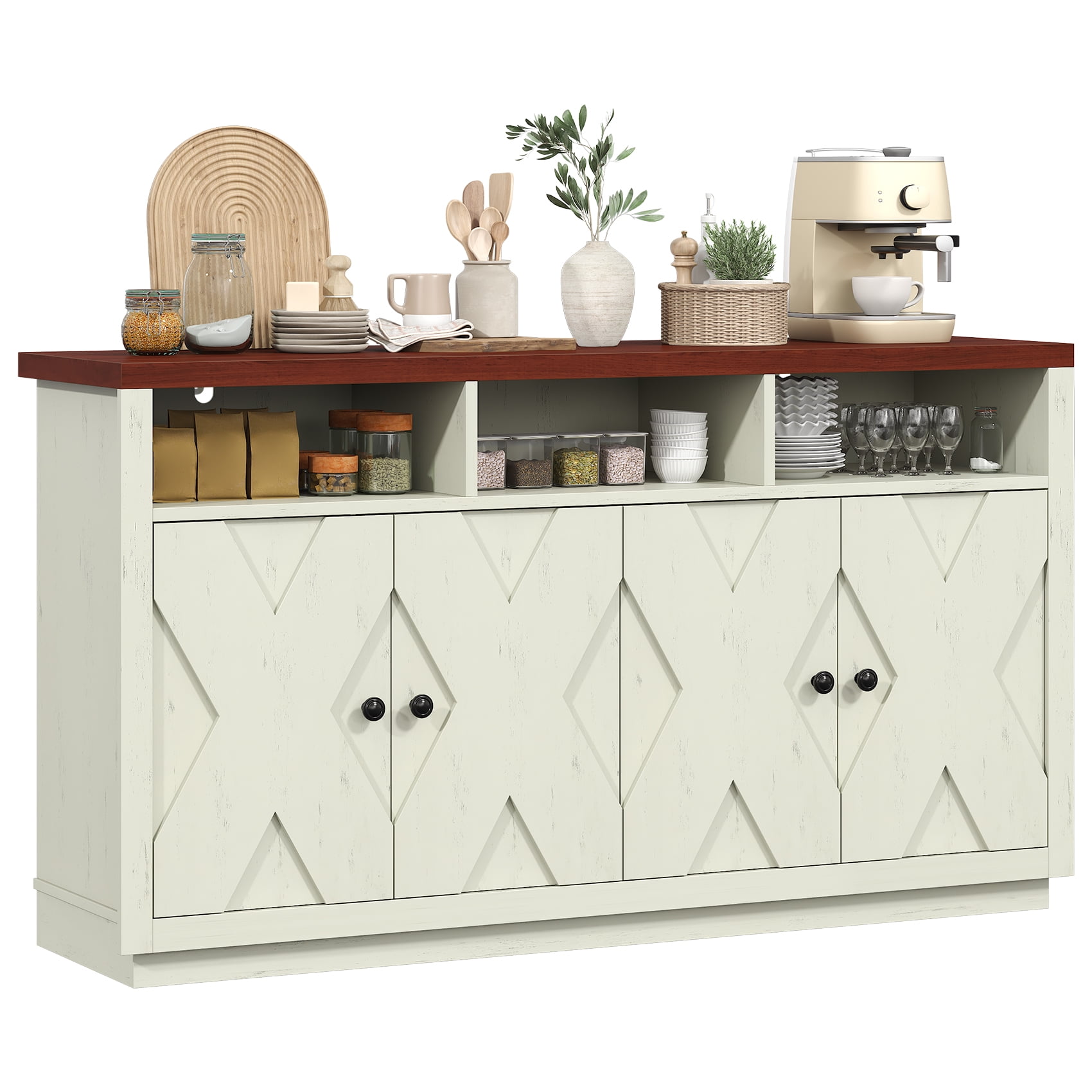 HAUXITIO 60" Farmhouse Buffet Cabinet with 4 Doors & Open Shelves,Kitchen Storage Sideboard for Dining Room & Living Room,Beige