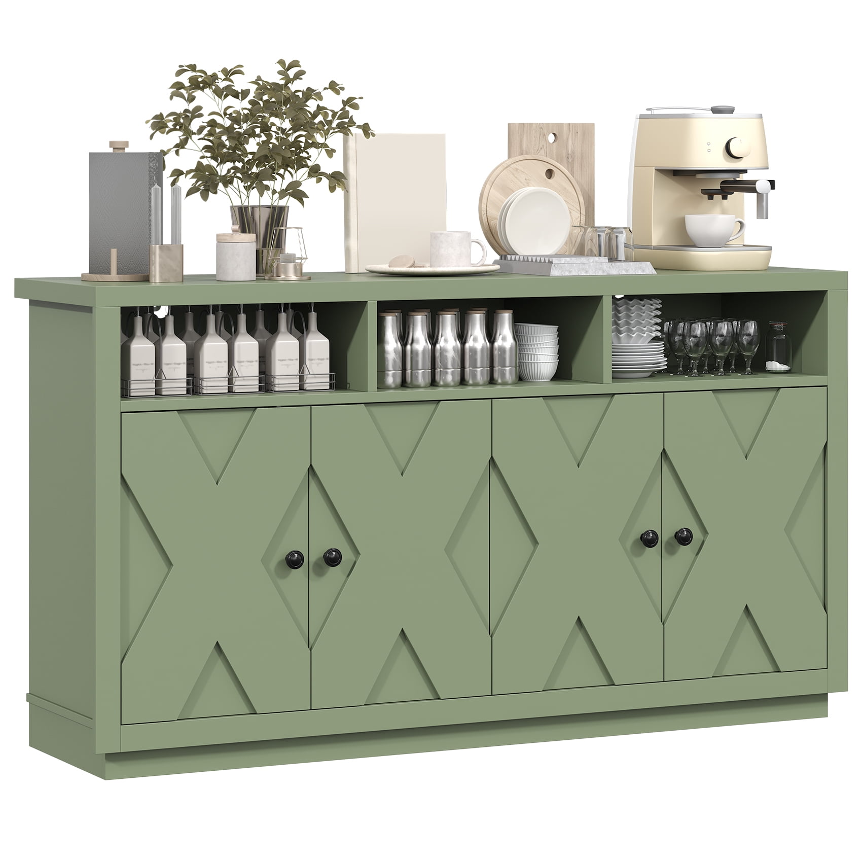 HAUXITIO 60" Farmhouse Buffet Cabinet with 4 Doors & Open Shelves,Kitchen Storage Sideboard for Dining Room & Living Room,Green