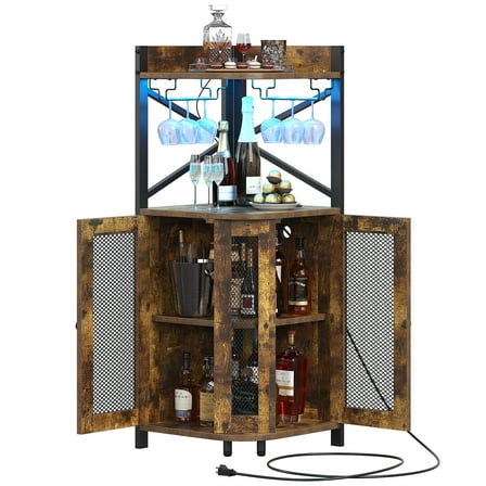 HAUXITIO 61" Corner Bar Cabinet with Power Outlet & LED Light,Industrial 4-Tier Wine Rack with Glass Holder,Farmhouse Liquor Storage Cabinet,Rustic Brown