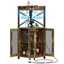 HAUXITIO 61" Corner Bar Cabinet with Power Outlet & LED Light,Industrial 4-Tier Wine Rack with Glass Holder,Farmhouse Liquor Storage Cabinet,Rustic Brown