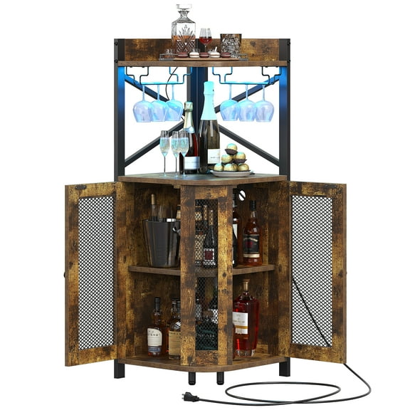 HAUXITIO 61" Corner Bar Cabinet with Power Outlet & LED Light,Industrial 4-Tier Wine Rack with Glass Holder,Farmhouse Liquor Storage Cabinet,Rustic Brown