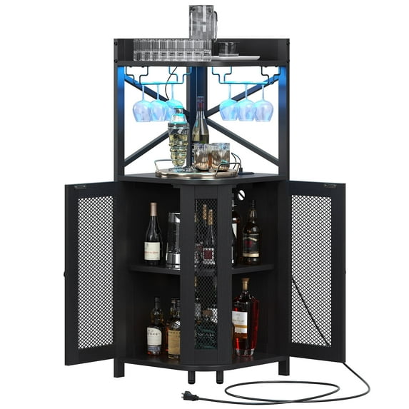 HAUXITIO 61" Corner Bar Cabinet with Power Outlet & LED Light,Industrial 4-Tier Wine Rack with Glass Holder,Farmhouse Liquor Storage Cabinet,Black