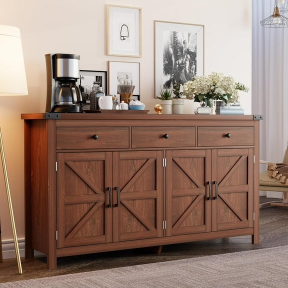 HAUXITIO 63"W Farmhouse Sideboard with 4 Barn Doors & 3 Drawers,Coffee Bar Buffet Cabinet for Kitchen & Dining Room,Cherry