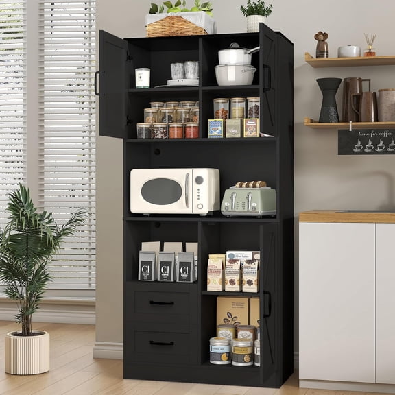 HAUXITIO 68-Inch Pantry Cabinet with LED Lights & Power Outlet,Kitchen Storage Organizer with Countertop,3 Doors,2 Drawers & Adjustable Shelves,Grey