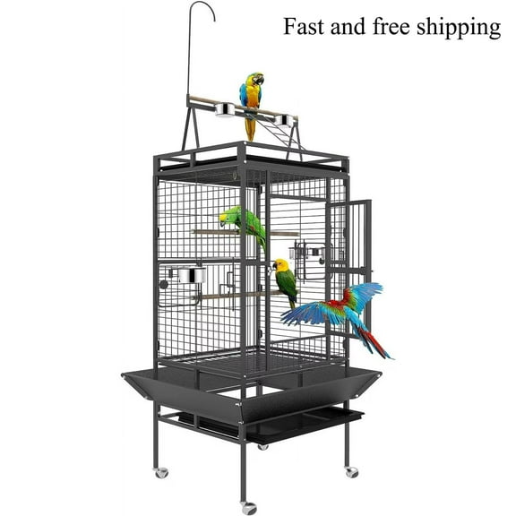HAUXITIO 82" Rolling Metal Bird Cage,Large Parrot Cage with Play Top for Pet Birds,Black