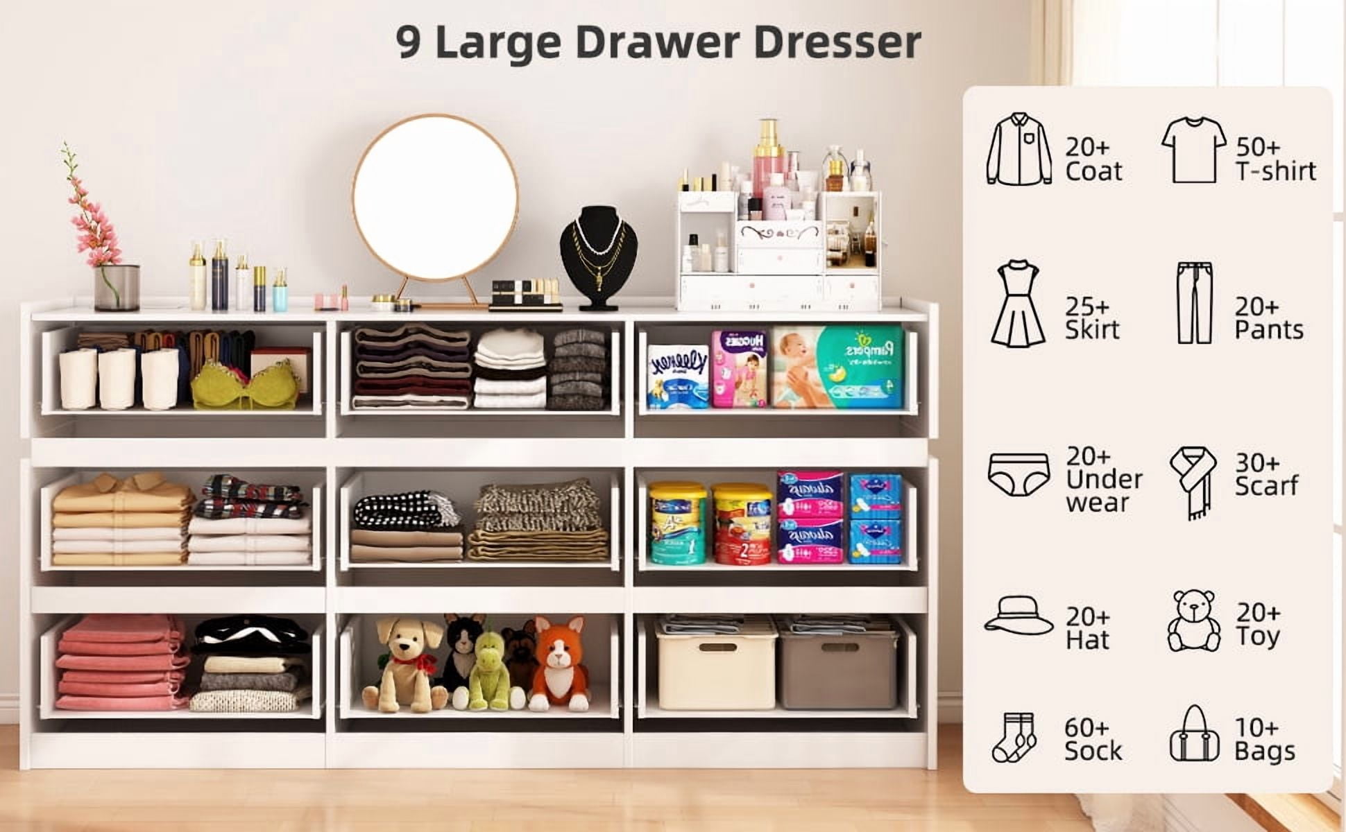 HAUXITIO 9 Drawer Dresser Chest for Bedroom, Modern TV Stand Storage Cabinets for Living Room, White