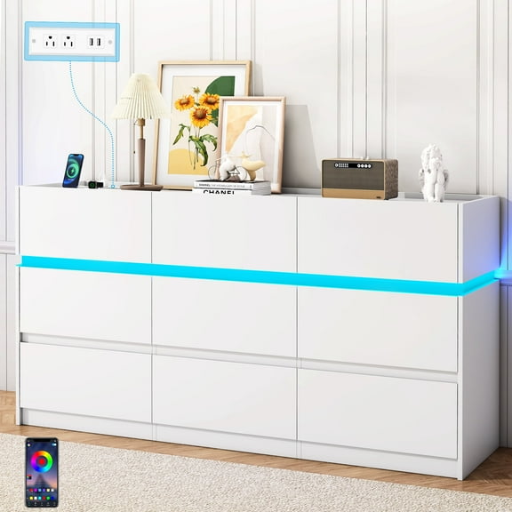 HAUXITIO 9 Drawer Dresser Chest with Charging Station and LED Lights for Bedroom, Modern TV Stand Cabinet, White