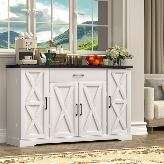 HAUXITIO Buffet Cabinet with Drawer and Adjustable Shelves,Coffee Bar Station Storage Sideboard for Kitchen,White3