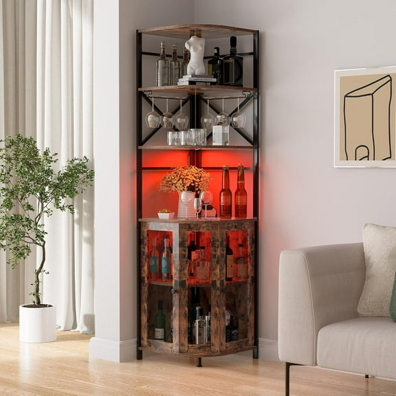 HAUXITIO Corner Bar Cabinet with Power Outlet & LED Light,6-Shelf Industrial Wine Rack with Glass Holder,for Kitchen & Living Room,Rustic Brown