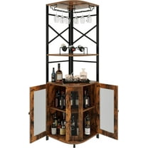 HAUXITIO Metal Corner Bar Cabinet with Wine Rack, Glass Holder, Mesh Door & Adjustable Shelf for Home, Brown Oak