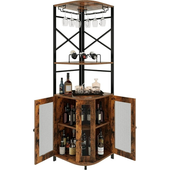 HAUXITIO Metal Corner Bar Cabinet with Wine Rack, Glass Holder, Mesh Door & Adjustable Shelf for Home, Brown Oak