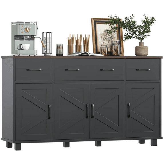 HAUXITIO Farmhouse Buffet Cabinet with 4 Barn Doors & 3 Drawers,Coffee Bar Sideboard for Kitchen & Dining Room,Black+Brown