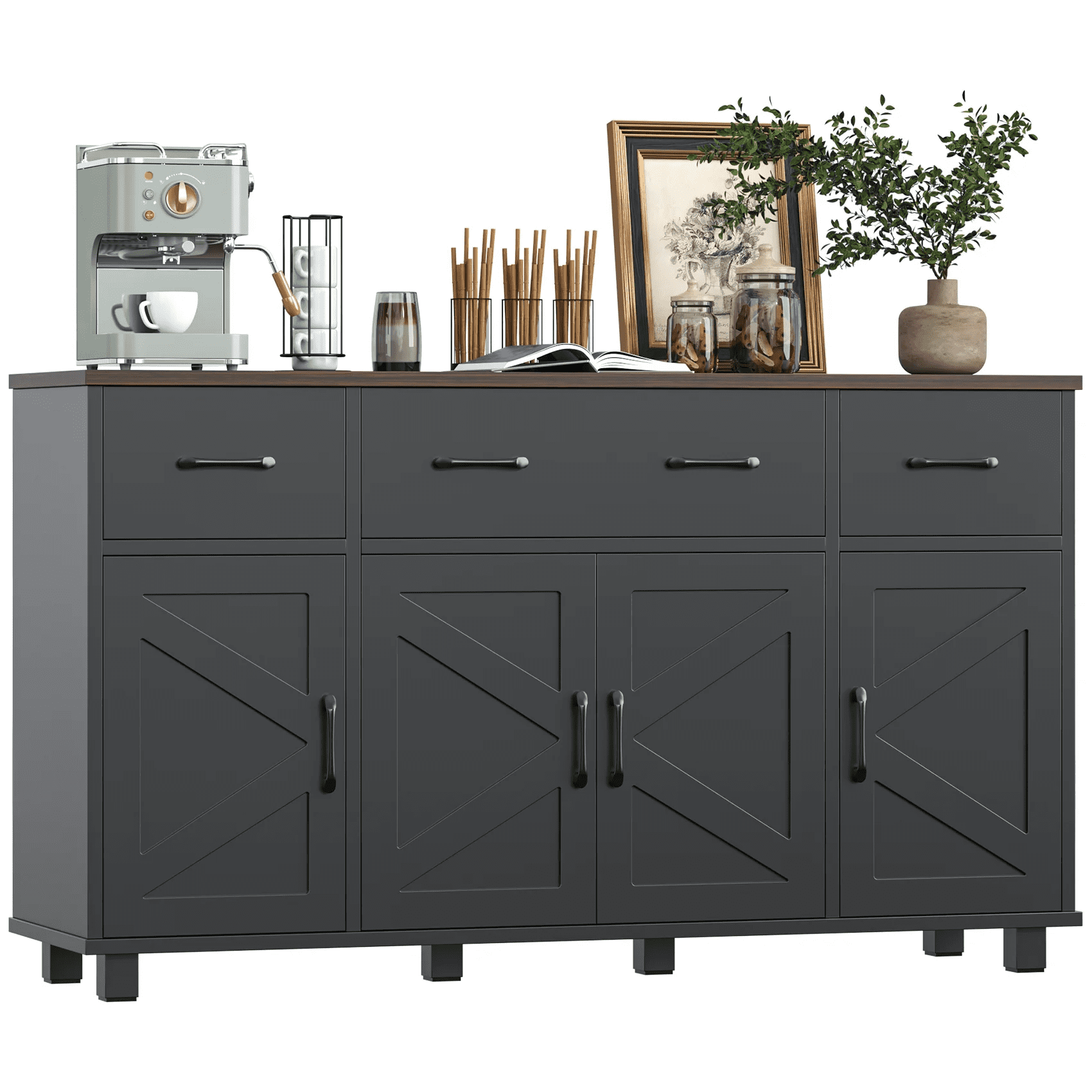 HAUXITIO Farmhouse Buffet Cabinet with 4 Barn Doors and 3 Drawers,Coffee Bar Sideboard for Kitchen & Dining Room,Black+Brown