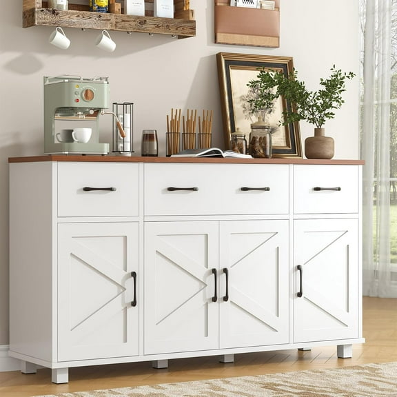 HAUXITIO Farmhouse Buffet Cabinet with 4 Barn Doors and 3 Drawers,Coffee Bar Sideboard for Kitchen & Dining Room,White+Brown