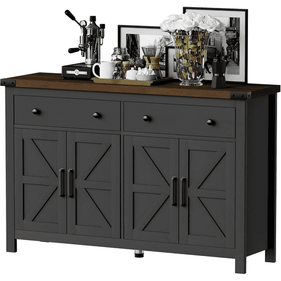 HAUXITIO Farmhouse Buffet Cabinet with 4 Doors & 2 Drawers,55 Inch Storage Sideboard with Coffee Bar Station for Dining Room & Kitchen,Black