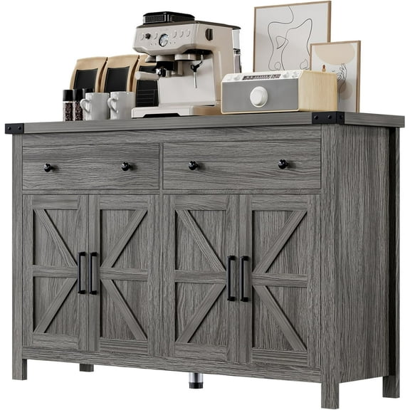 HAUXITIO Farmhouse Buffet Cabinet with 4 Doors & 2 Drawers,55 Inch Storage Sideboard with Coffee Bar Station for Dining Room & Kitchen,Gray