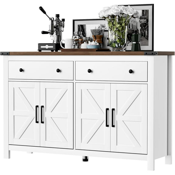 HAUXITIO Farmhouse Buffet Cabinet with 4 Doors & 2 Drawers,55 Inch Storage Sideboard with Coffee Bar Station for Dining Room & Kitchen,White