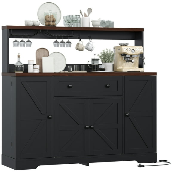 HAUXITIO Farmhouse Buffet Cabinet with Charging Station,Drawers & Wine Rack,Storage Sideboard with Barn Doors for Kitchen & Dining Room,Black