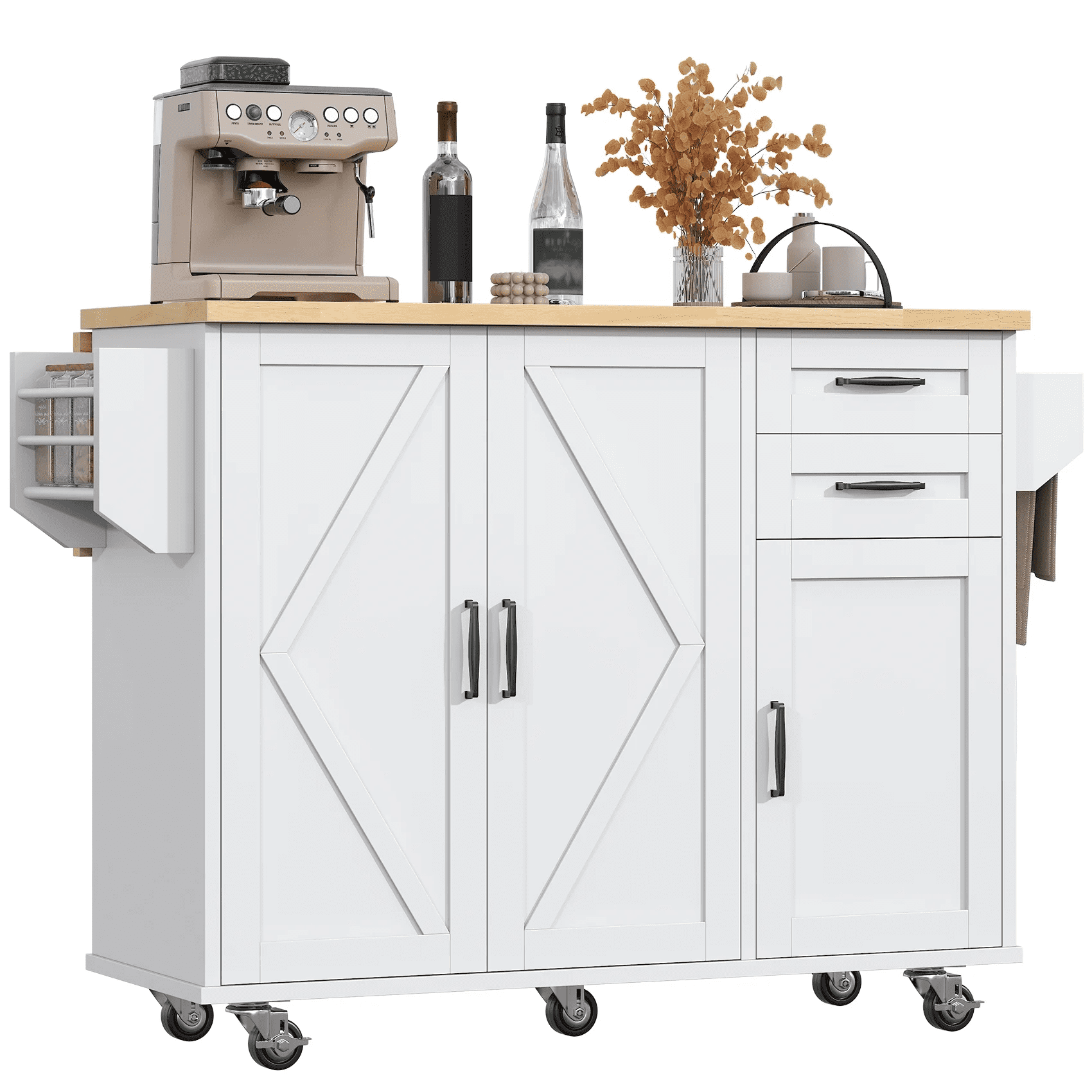 HAUXITIO Kitchen Island Cart with 3 Doors & 2 Drawers, Mobile Cart with Adjustable Shelves & Wood Top,White