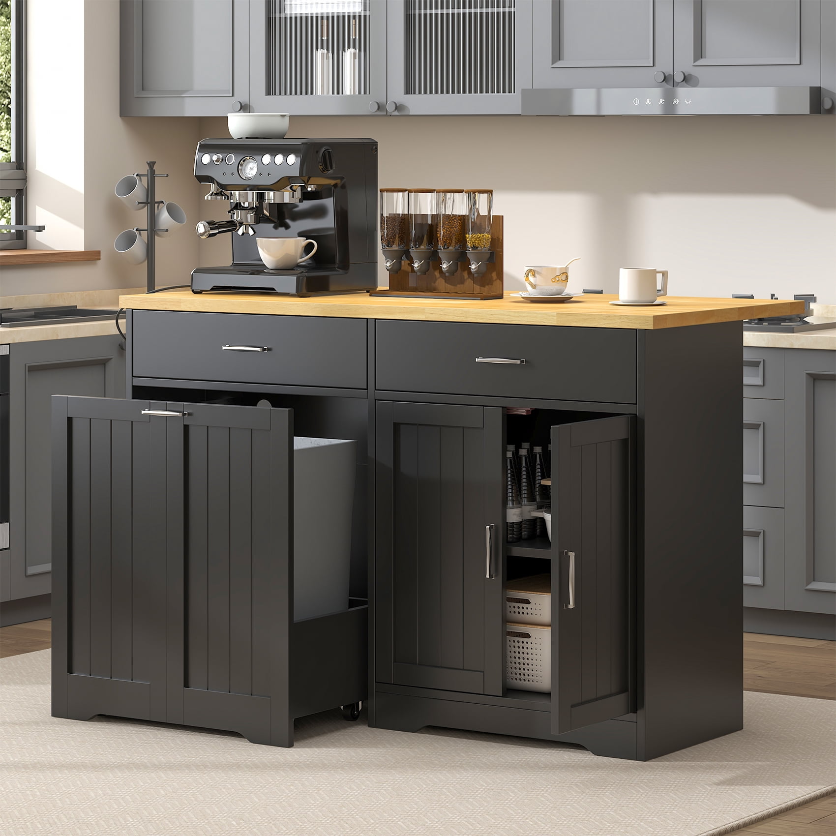 HAUXITIO Kitchen Island with Drop Leaf,Power Outlet & LED Lights,Stationary with Hidden Casters Islands Table for Kitchen,Dining Room,Black